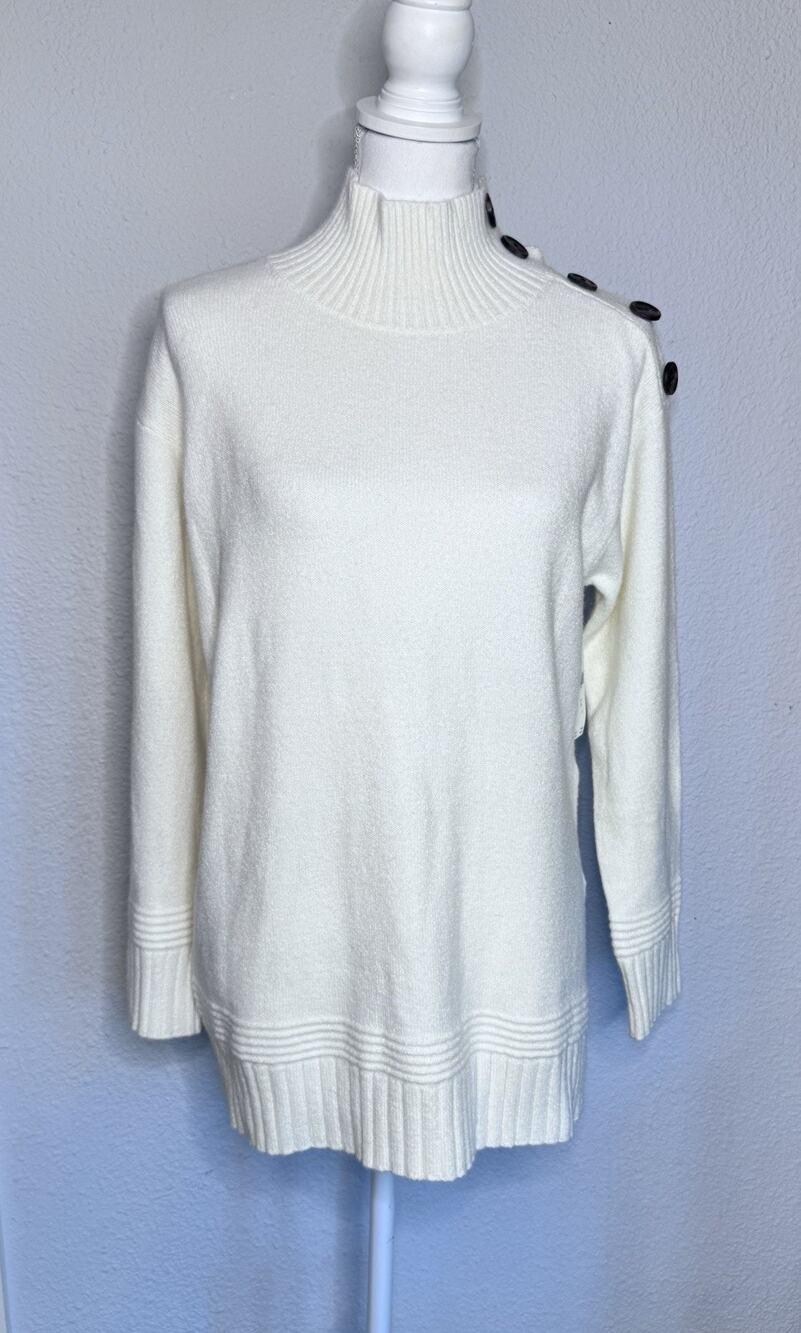Anthropologie NWT SZ XS Sweater Ivory Mock Turtle Neck Button Detail Side Slit